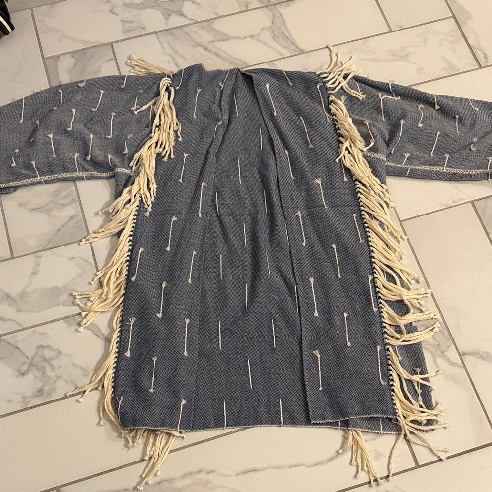 Fringed Blue and Cream Women's Top